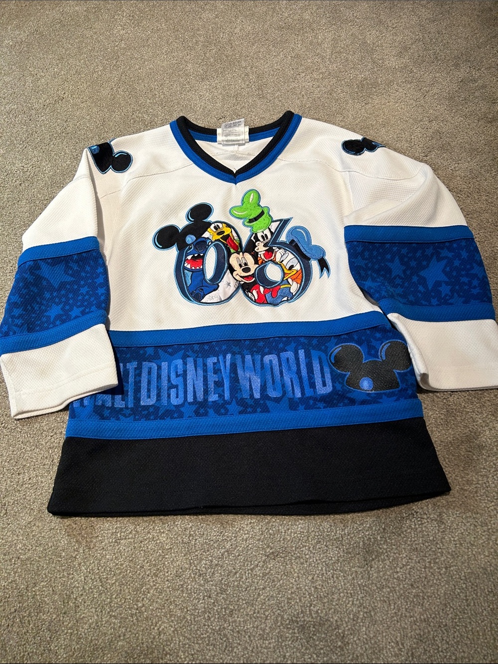 Vintage Disney Blue, White & Black Mickey Mouse Hockey Jersey for Kids